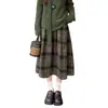 Saia feminina de lã xadrez, inverno retrô de cintura alta, saia rodada, saia em A forrada com fleece, saia de comprimento médio com um visual sofisticado