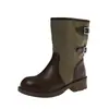 Botas de cano médio color block retrô para mulheres, novo estilo 2026, botas estilo Dr. Martens com salto grosso, botas western cowboy versáteis de sola grossa, botas curtas da moda