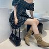 Botas de Cuña Pleated de Comercio Exterior Transfronterizas para Mujer Otoño 2025 Nuevo Estilo Coreano Punta Fina Tacón Grueso Botines Cortos Botas de Manga para Mujer