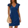 Comércio Exterior Europeu e Americano Roupas Femininas Transfronteiriças, O Vestido Mini Tank Ruched de Gola V com Mangas Flare Mais Vendido da Amazon