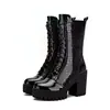 Botas de Moda de Couro Patente com Salto Alto para Mulheres Cadarço 2026 Outono Zíper Lateral Botas de Cano Curto Plataforma à Prova d'Água Salto Grosso Botas de Cano Médio com Plus Veludo Inverno