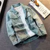 Jaqueta Jeans Workwear Patchwork Estilo Japonês para Homens, Marca Tendência, Peça Externa Casual Legal e Solta, Top Masculino Primavera e Outono Estilo Coreano