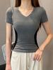 Camiseta de Manga Corta con Cuello en V y Bloques de Color Dulce y Picante Estilo Americano para Mujer, Nuevo Modelo Verano 2026, Top de Alta Gama Ajustado a la Cintura