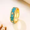 Anillo Abierto Estilo Dunhuang Azul Lago Esmalte Patrón Hierba Tang para Hombres y Mujeres, Estilo Nacional de Nicho Accesorios Artísticos Retro Suministro al Por Mayor