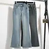Foto Real de Jeans Acampanados Adelgazantes para Mujer, Nuevo Estilo Otoño, Tallas Grandes para Figuras Curvilíneas, Pantalones Acampanados Elásticos de Cintura Alta