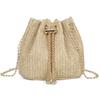 Bolso Cubo Tejido de Paja Nuevo de Otoño Bolso Pequeño para Mujer con Cadena Metálica Bolso de Playa de Moda Accesorios de Perlas Bolso de Moda