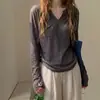 Camisa de linho de tricô com decote V estilo coreano para proteção solar feminina, camiseta fina de verão com caimento solto e relaxado de manga longa, top estilo old money