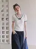Camiseta de punto de manga corta con cuello en V y bloques de color estilo universitario para mujer, verano, corbata de lazo, ajuste ceñido, color albaricoque, top coreano dulce y puro