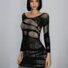 Vestido de Malla Hueca Hot Girl Milenial Estilo Callejero Y2K Adelgazante Sexy Lencería Vestido Bodycon Transparente Manga Larga