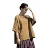 Top artístico y vintage de algodón y lino para mujer, nuevo suéter de verano estilo chino, inspirado en el Zen, color liso simple, con cuello abotonado, cuello redondo y mangas cortas