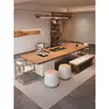 Mesa de Centro de Madera Maciza Color Madera para Todas las Estaciones, Mesa y Sillas de Madera Maciza para Preparar Té, Mesa de Té Integrada Minimalista Moderna para Hotel, B&B, Sala de Exposiciones, Oficina