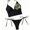 Bikini sexy de cuello halter para comercio exterior con decoración de bordado de lentejuelas, conjunto de traje de baño de dos piezas con parte inferior de triángulo para mujer