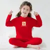 Conjunto de Roupa Térmica Infantil Vermelha para o Ano do Nascimento Deles, Feito de Tecido Derong, Adequado para Crianças Maiores, Conjunto de Top e Calça para Outono, Conjunto de Pijama Juvenil, Roupa de Ano Novo