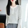 Suéter de Punto de Lana con Bloques de Color Cuello Redondo Semiabierto para Mujer Otoño Invierno Nuevo Agradable a la Piel Versátil Ajustado Rayado Capa Base Suéter Moderno