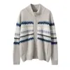 Cardigan de Cashmere com Gola Alta Estilo Fair Isle Pesado, Fechamento em Zíper, Jaqueta Suéter Color Block Grossa para Mulheres, Tendência