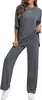Conjunto feminino europeu e americano transfronteiriço de mangas médias e corte solto: conjunto de duas peças com top de gola redonda ombro a ombro e calça pantalona com fenda lateral