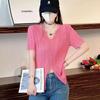 V-Neck Chain pendurado suéter de manga curta mulheres verão novo estilo preguiçoso estilo irregular split sexy oco top