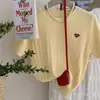 Camiseta de Punto Bordada Corazón de Amor para Mujer Verano Estilo Coreano Conjunto Diseño Bordado Manga Corta Base de Punto Trenzado Top Corto