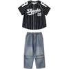 Terno de hip-hop para meninas, jeans solto, manga curta, para meninos, infantil, hip-hop, performance, hip-hop, moda infantil, roupas