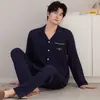 Pijamas de Algodón Puro de Venta Caliente para Hombre Primavera y Otoño Conjunto de Moda Casual Simple Holgado Talla Grande Solapa Manga Larga Ropa de Casa