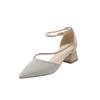Jinbukang Chunky Heel Salto Alto Feminino Novo Primavera e Outono All-match Pontiagudo Fivela de uma linha com strass