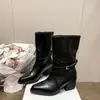 Botas de Media Pantorrilla con Punta Cuadrada, Tacón Grueso y Hebilla, Estilo Retro para Mujer 2026 Nuevo Otoño, Botas Negras de Caballero, Botas de Moda