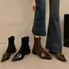 Botines Marrones Estilo Francés a Media Pantorrilla, Elegantes Botines Cortos Retro, Botines Chelsea para Mujer, Nuevo Estilo Otoño e Invierno 2025, Punta Fina, Tacón Grueso