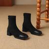 2026 Novas Botas de Camurça Patchwork Bico Quadrado Cano Curto Estilo Britânico Botas Curtas Slim com Salto Médio Bloco, Tamanhos 32-43, Botas de Exportação