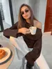 Blusa Irregular com Amarração na Cintura Cor Marrom Escuro, Estilo Europeu e Americano Outono/Inverno para Mulheres, Elegante e Simples, Versátil para o Trabalho