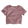 Camiseta de Algodón con Hilo de Color Caramelo Estilo Coreano Verano Combinación Perfecta Top Súper Corto Jersey Cuello U Estilo Simple para Mujer