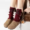 Botas e Meias de Algodão para Mulheres, Meias de Renda Lolita Felpudas para Meninas, Meias para Pernas Doces Espessadas de Outono e Inverno para Meninas com Laço