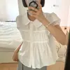 Camisa Coreana Ins Verano Nueva Dulce Reductora de Edad Cuello de Muñeca Adorno de Encaje Volantes de un Solo Botón Mangas Abullonadas