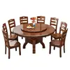 Mesa de jantar redonda de madeira maciça estilo chinês, adequada para uso doméstico, com cooktop de indução embutido e bandeja giratória, também disponível como mesa de jantar redonda esculpida estilo hotel