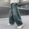 Jeans rectos holgados de pierna ancha para hombre, estilo casual americano, lavados, vintage, con graffiti pintado a mano, para primavera y otoño, de alta calle