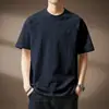 Camiseta de algodón de bambú retro americana de manga corta para hombre, primavera/verano 2026, corte holgado, bordado simple, casual para ir al trabajo