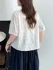 Camisa bordada de algodón puro estilo casual para mujer, nuevo modelo de verano 2026, corte holgado, adelgazante, versátil, cuello redondo, tie-dye, top de manga corta