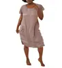 2025Ebay Estación Independiente Wish Nuevo Verano Holgado Color Sólido Bolsillo con Solapa Pantalones Manga Corta Cuello Redondo Algodón y Lino Vestido para Mujer
