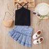 Conjunto de Verano para Niñas de Ropa Transfronteriza Europea y Americana, Color Sólido, Tirantes, Rayas Acanaladas, Patrón de Jersey, Borde Deshilachado, Falda de Mezclilla