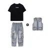 Moda Infantil Hip-Hop Roupas Modernas Soltas Moda Marca Bolsos Calça Jeans Conjunto Hip Hop Meninos e Meninas Roupas para Performance de Dança Hip Hop
