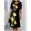Vestido Feminino Grande Tamanho Transfronteiriço Manga Curta Solta Gola Redonda Estampa de Flores Tulipa Planta Vestido Longo