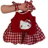 Lindo conjunto xadrez vermelho para meninas, blusa de alcinha estilosa com estampa de gato + shorts xadrez, novo conjunto de duas peças de verão para bebês meninas