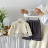 Conjunto de Duas Peças Top com Renda Patchwork Xadrez Estilo Coreano para Meninas, Conjunto Casual de Outono com Calça de Perna Larga Franzida