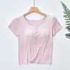 Top Feminino Justo de Manga Curta em Modal com Bojo e Camiseta Básica com Rosca por Dentro e por Fora, Estilo Curto