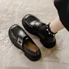 Zapatos de cuero para mujer con suela gruesa y tacón oculto, nuevos mocasines sin cordones, velcro, versátiles, color negro, estilo británico, zapatos de vestir