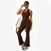 Macacão de Renda Transpassado com Decote V para Yoga, com Bojos no Peito, Lindo Design nas Costas, Levanta Bumbum, Afina a Cintura, Gola Halter, Calça Longa, Calça Flare