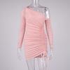 Vestido de Cadera Sexy para Chica Caliente Casual de Manga Larga Color Sólido con Hombro Inclinado y Malla Plisada para Primavera y Otoño 2025