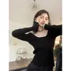 Dropshipping Gola Quadrada Exposto Clavícula Renda Fofo Justo Doce Fresco Outono e Inverno Tricô Malha Camisa Básica Top Feminino Versátil