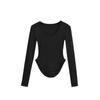 Camisa básica de manga comprida de cor sólida feminina Pure Desire, gola em U, elástica, slim fit, bainha irregular, curva, camiseta top