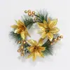 Nueva Flor de Navidad Dorada Pino Escarchado Blanco Cadena Dorada de PVC Corona de Navidad Círculo de Ratán Decoración de Puerta Círculo de Navidad de Armario Transfronterizo