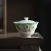 Gaiwan de Arcilla de Jade con Forma de Durazno Pintado a Mano de las Dinastías Tang y Song, Juego de Té Kung Fu con Color Bajo Esmalte y Esmalte Interior en Verde Turquesa, Taza de Té Doméstica Estilo Académico